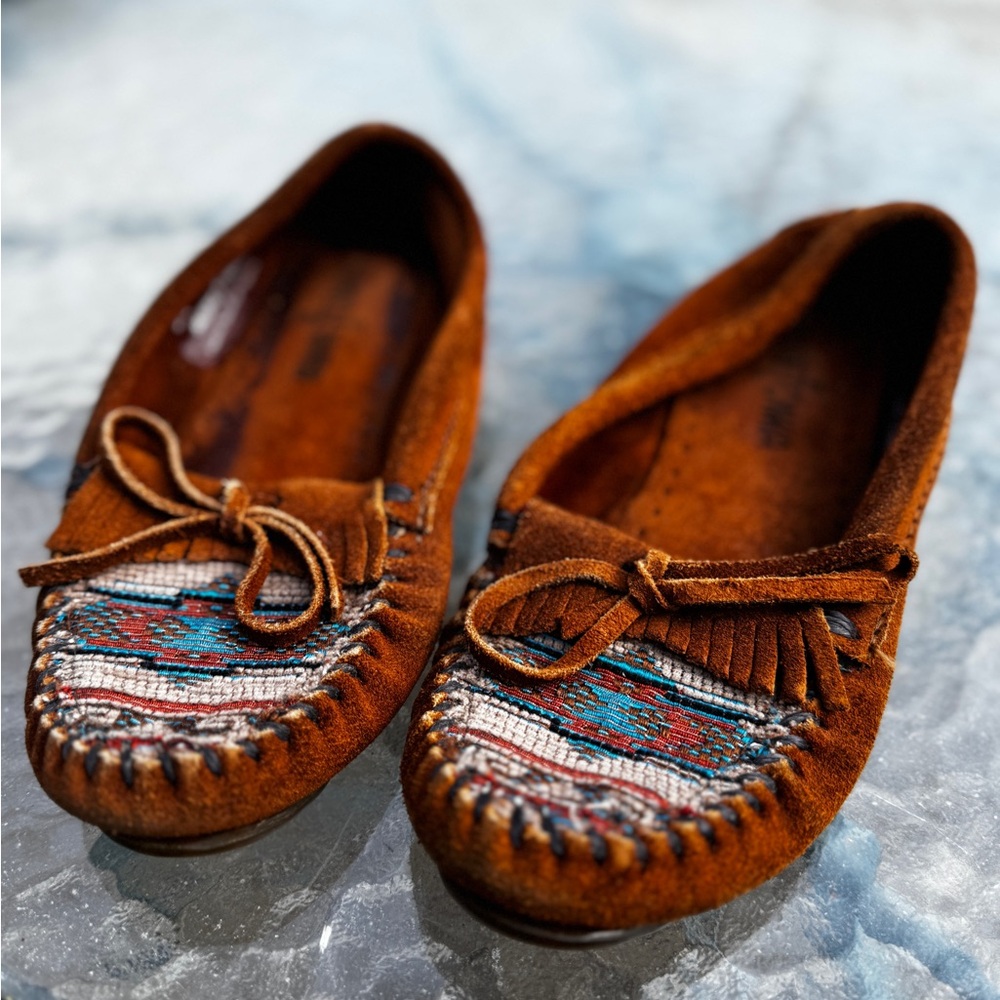 Brown Suede Moccasins with Multicolor Accents